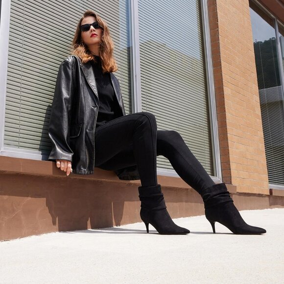 Women Slouch Ankle Boot with Fashion Mid Stiletto Heels Pointed Toe Bootie Black - Picture 3 of 8